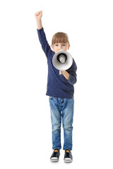 Cute little girl with megaphone on white background