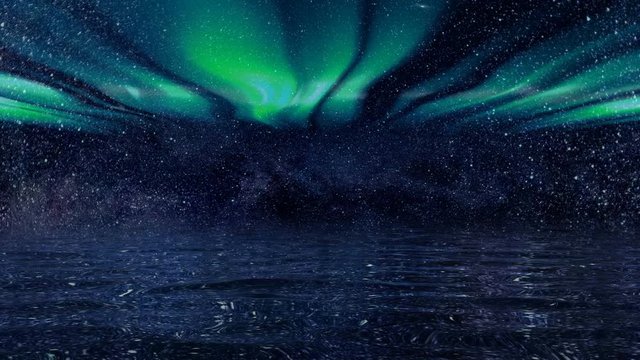 Futuristic night background with infinite ocean, universe and aurora borealis. Northern lights is wonderful shimmer magically in the starry sky, seamless loop close-up 4K UHD