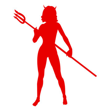 Red silhouette of a she devil, with a trident