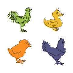 Domestic bird icon set, color outline style
