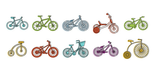 Bike icon set, color outline style