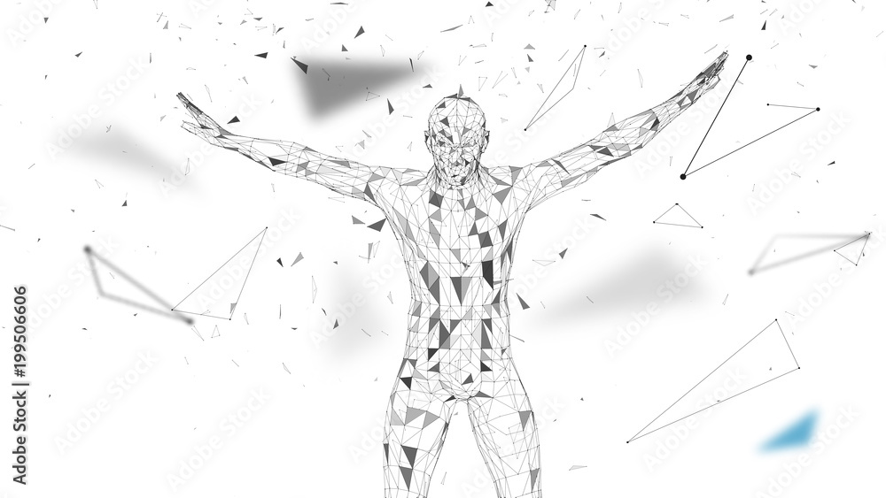 Poster conceptual abstract man. connected lines, dots, triangles, particles on white background. artificial