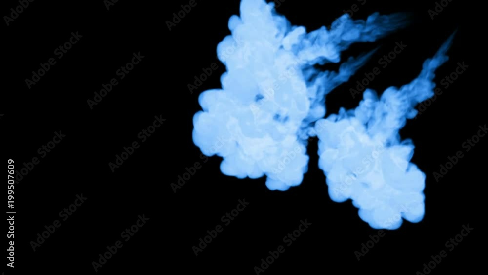 Poster fluorescent blue ink dissolves in water on black background with luma matte. 3d render v16 a lot of 