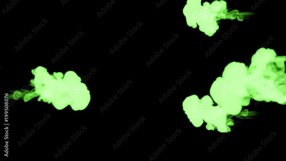 Poster fluorescent green ink dissolves in water on black background with luma matte. 3d render v2 a lot of 
