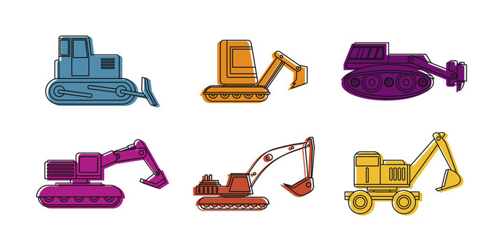 Excavator icon set, color outline style