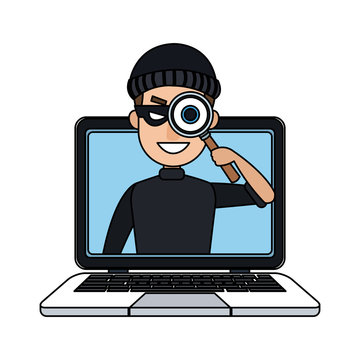 Hacker searching on laptop cartoon vector illustration graphic design