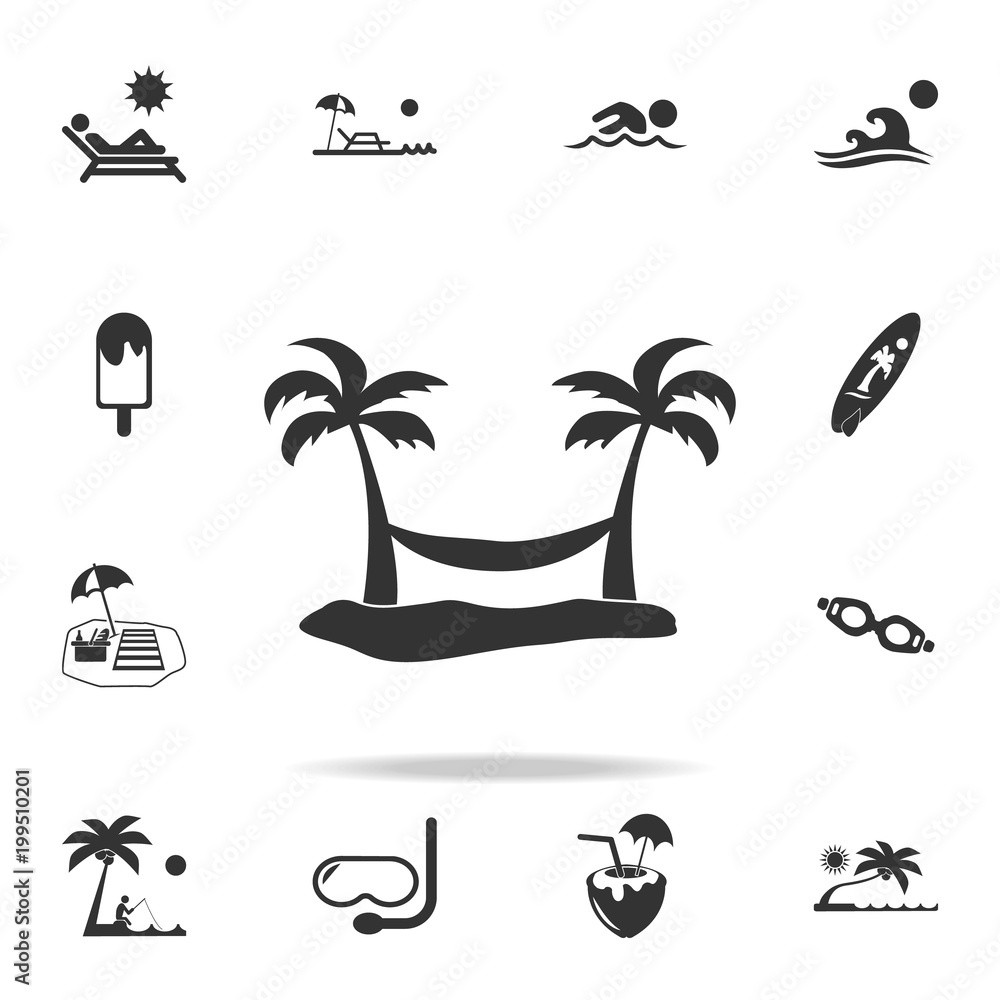 Poster hammock between two palm trees icon. detailed set of beach holidays icons. premium quality graphic d