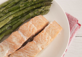 Simple Cooked Salmon Slices and Asparagus Spears