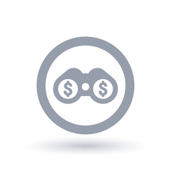 Binoculars with dollar symbols in circle outline. Business investment opportunity concept icon. Job search symbol. Vector illustration.