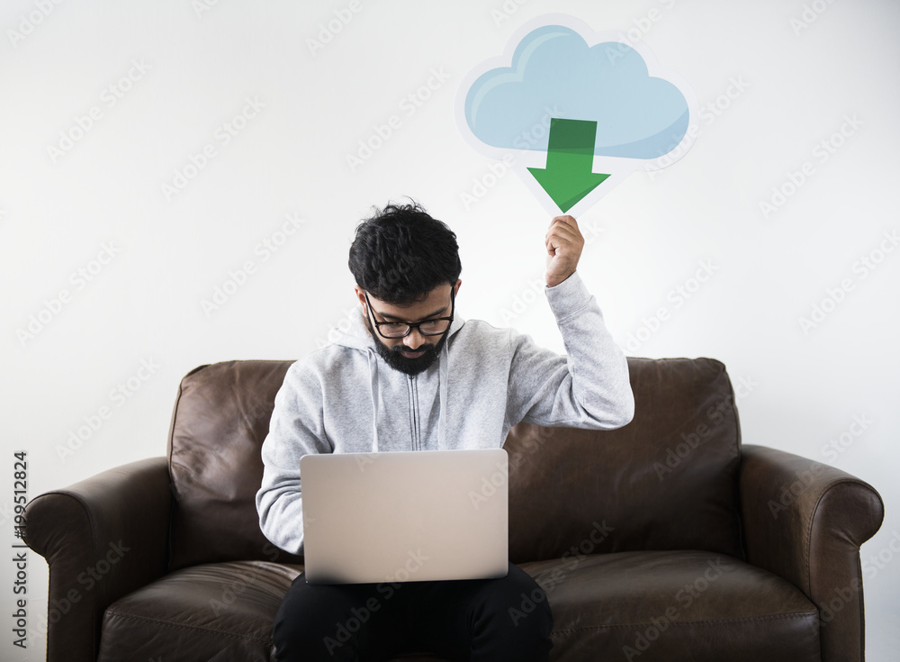 Poster man downloading data from cloud storage