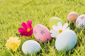 Happy easter!  Closeup Colorful Easter eggs on green grass field during sunset background.