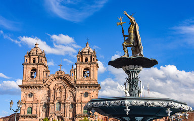 Statue of the Inca 'Pachacuti' in the Plaza de Armas, Cusco, Peru.