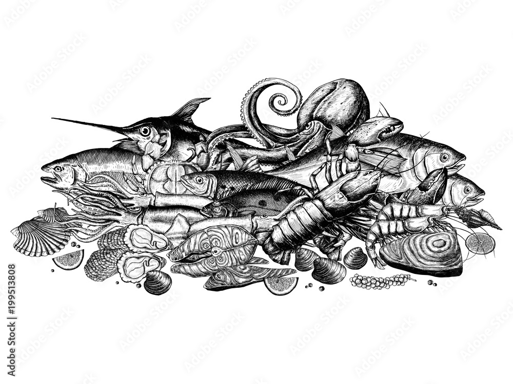 Sticker Hand drawn of seafood concept