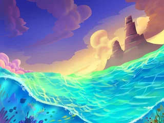 Foto op Plexiglas The Sea on a Sunny Day with Fantastic, Realistic and Futuristic Style. Video Game's Digital CG Artwork, Concept Illustration, Realistic Cartoon Style Scene Design   © info@nextmars.com