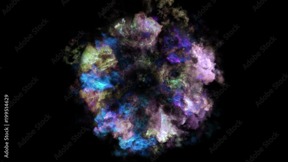 Poster color 3d smoke explosion shockwave effect and divergent wave isolated on black background. colorful 