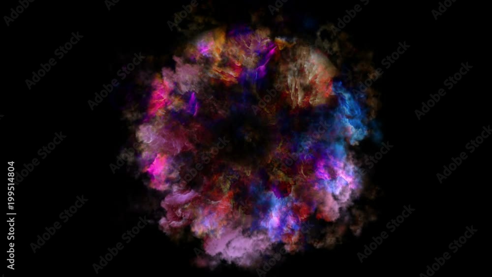 Poster color 3d smoke explosion shockwave effect and divergent wave isolated on black background. colorful 