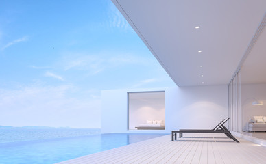 Fototapeta na wymiar Pool villa terrace 3d render.There white wooden floor.Furnished with black sunbed. There are white wooden floor overlooks to borderless swimming pool and sea view.