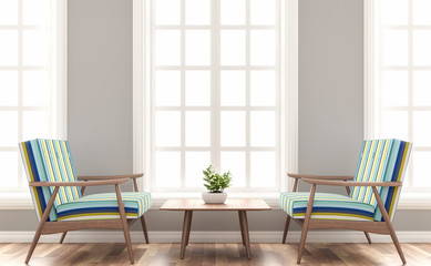 Scandinavian house living room 3d render.The Rooms have wooden floors and gray walls.Furnished with wood and colorful fabric seat. There are white frame window overlooking to outsite.