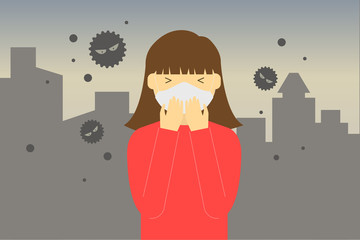 Air pollution illustration. A woman wearing mask on mouth.