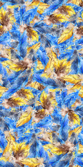 Watercolor blue jay yellow parrot bird feather seamless pattern texture background
