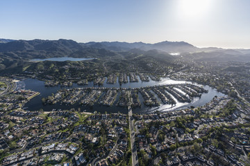 Aerial view of Westlake Island and lake near Los Angeles in suburban Thousand Oaks and Westlake Village, California.