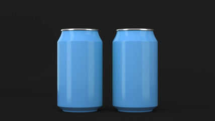 Two small blue aluminum soda cans mockup on black background