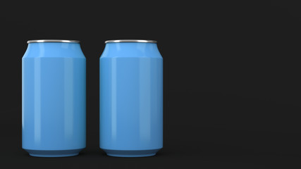 Two small blue aluminum soda cans mockup on black background