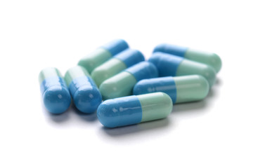 Pharmacy theme. Multicolored Isolated Pills and Capsules.