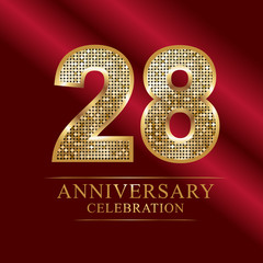 Golden shiny mosaic in disco ball style. 28th anniversary logo. Vector abstract background. 