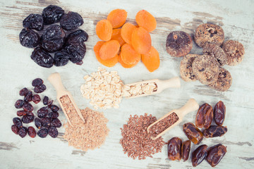 Vintage photo, Food containing natural vitamins and dietary fiber, healthy nutrition concept