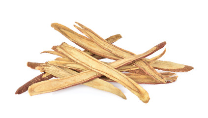 Slice Licorice roots on white background
