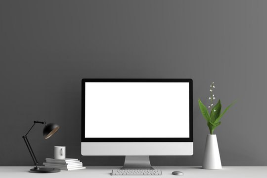 Modern workspace, isolated computer screen mock up. 3D illustrating.
