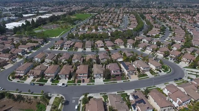 Southern California modern day neighborhood Aerial Flyover