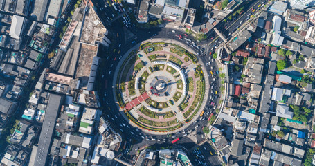 Traffic of roundabount junction road aerial view