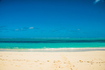 Fototapeta na wymiar Sandy beach against blue ocean on sunny day