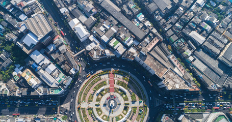 Traffic of roundabount junction road aerial view