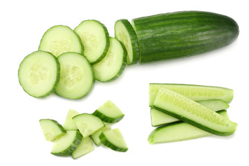 fresh cucumber slices isolated on white background. top view