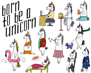 The cute set of 11 hand-drawn unicorns and lettering - born to be a unicorn.