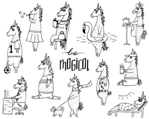 Fototapeta na wymiar The cute set of 11 hand-drawn unicorns and lettering - be magical.