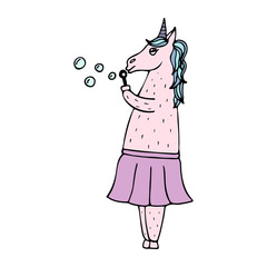 Lovely hand-drawn unicorn-girl with soap bubbles.