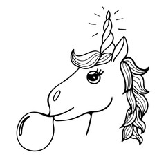 Lovely hand-drawn unicorn the inflating sphere from chewing gum.