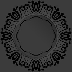 Round vector frame with floral elements and arabesques. Dark pattern with arabesques