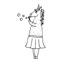 Lovely hand-drawn unicorn-girl with soap bubbles.