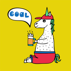 Lovely hand-drawn unicorn-football fan with a glass of beer.