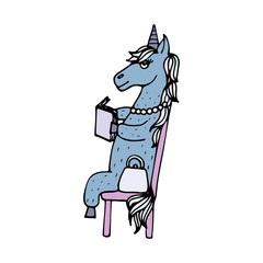 Lovely hand-drawn unicorn-girl reading the book on a bench.