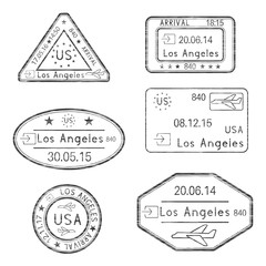 Fototapeta premium Znaczki paszportowe. Przylot do Los Angeles, USA. Czarny zestaw znaczków atramentowych