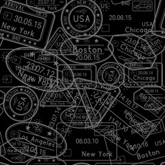 Passport stamps seamless pattern. Black background with ink stamps of USA cities