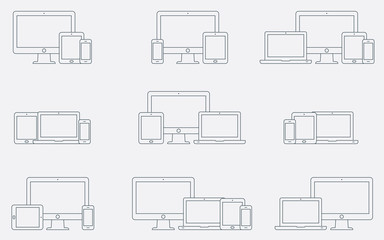 Obraz premium Vector set of outline device icons. Responsive digital devices icons.