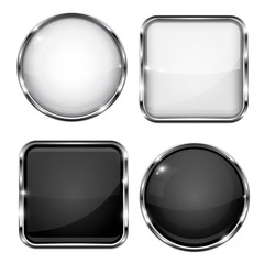 Glass buttons with chrome frame. Black and white 3d icons