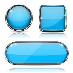 Blue glass buttons with chrome frame. Set of shiny 3d web icons